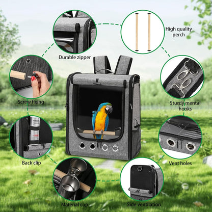 Bird Carrier Bag Bird Travel Cage with Stand, Lightweight Backpack for Parrot, Large Portable Bird Travel Bag, Pet Transparent Breathable Travel Cage