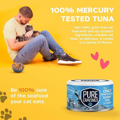 Pure Cravings Wet Cat Food Canned Tuna Cutlets in Gravy, 100% Mercury-Tested, Moist Can Fish for Cats, Grain-Free, Protein, Non-GMO, Pack of 12