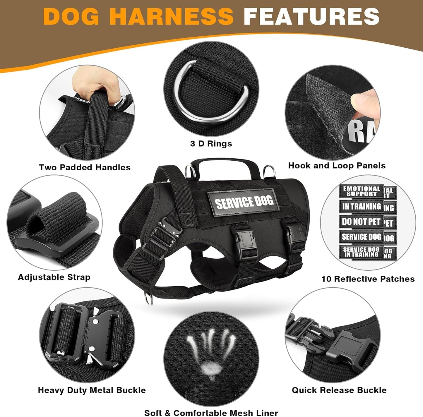 WINSEE Service Dog Vest Harness for Large Dog, Tactical Working MOLLE Vest with 10 Pet Patches, No Pull Heavy Duty Harness for Training Walking