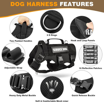 WINSEE Service Dog Vest Harness for Large Dog, Tactical Working MOLLE Vest with 10 Pet Patches, No Pull Heavy Duty Harness for Training Walking