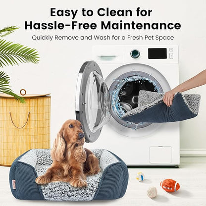 Miguel Washable Dog Bed with Removable Cushion for Medium Small Dogs, Easy to Wash Pet Sofa Bed with Side, Rectangle Bolster Cat Bed Calming Cuddle Puppy Bed with Anti-Slip Bottom, Blue 30 Inch