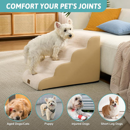 Wide Dog Stairs for Small Dog 19.7" H, Pet Step for Puppy, Older Cat, Curved Ramp for High Bed or Car, Stairs with High Density Foam, Lightweight, Durable, 4 Step, 17.7x28x19.7 inch, Beige
