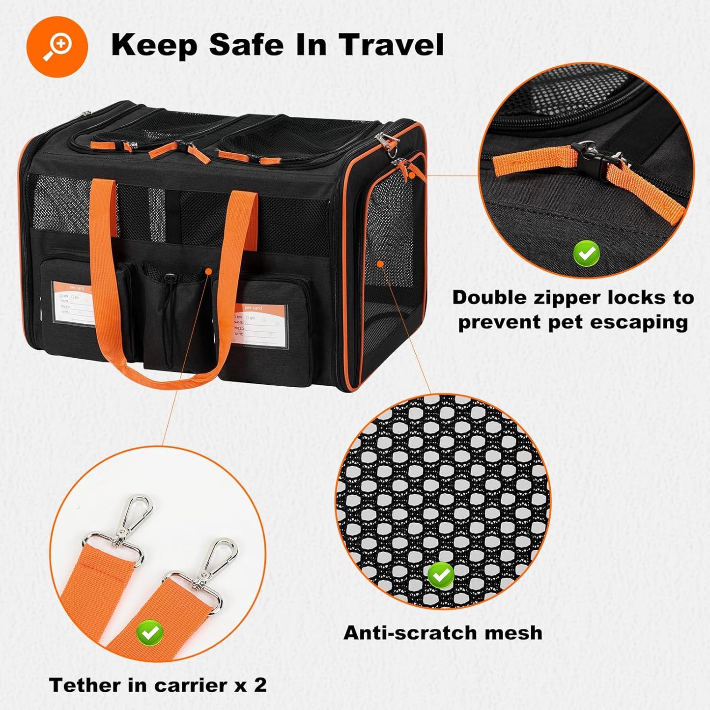 22''(L) x 16''(W) x 14''(H) Large Double pet Carrier for 2 Small-Medium Cats and car Travel,with a Removable Divider,Large Loading top,4 Pockets and Zipper Locks.