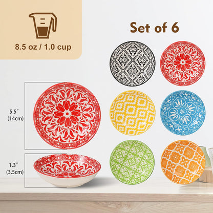 Ceramic Cat Dishes for Food - Colorful Cute Cat Bowl Set of 6 - Wide, Shallow, Whisker Friendly - Microwave and Dishwasher Safe - 8.5 oz - 5.75 inch