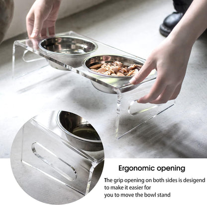 Tilted Raised Elevated Food and Water Bowls Stand for Cat or Small Dogs - Puppy's Clear Acrylic Stainless Steel Dishes Holder for Boy or Girl Pet,Modern,Durable and Easy to Clean by WBhonghui (Clear)