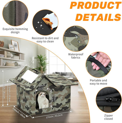 Outdoor Cat House Weatherproof, Large Feral Cat House for Winter, Collapsible Outdoor Cats Shelter in Winter with Door and Soft Mat, Easy to Assemble (Green)