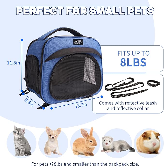 Small Pet Carrier, Breathable Collapsible Pet Bag with Safety Leash for Small Puppy, Kitten, Guinea Pig Weighing up to 8 Pounds Designed for Travel, Hiking, Walking and Outdoor Use, Blue