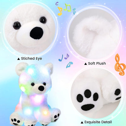 Hopearl LED Musical Stuffed Polar Bear Lighting Up Singing Plush Toy Adjustable Volume Lullaby Animated Soothe Birthday Festival for Kids Toddler Girls, White, 11''