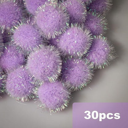 VAPKER 30 Pcs Cat Ball Toys Sparkle Balls Extra Large 2 Inch Cat's Favorite Chase Glitter Ball Glitter Tinsel Pom Poms Balls Purple Color