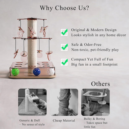 Modern 3-in-1 Interactive Cat Toy with Scratching Post, Cat Puzzle Toys for Indoor Cats with Colorful Jingle Balls, 2-Layer Spinning Teaser Disc with Dangling Toys, Acrylic, Pink