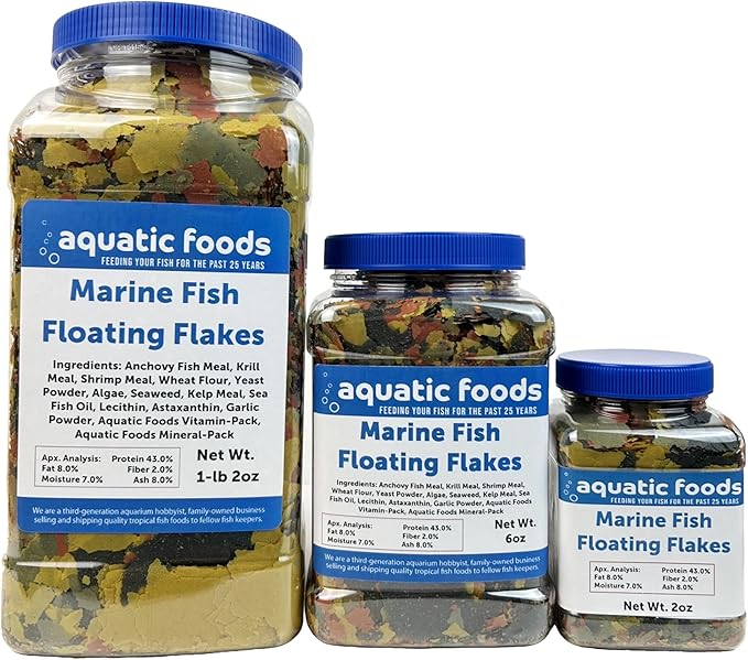 Aquatic Foods Inc. Marine Fish Flakes of Red & Green Algae, Seaweed for Tangs, Butterflies, Angelfish, Anthias, Clown Fish, Damsels Also Pellet Mix, Wafer Mix Included…AFI 2oz Jar