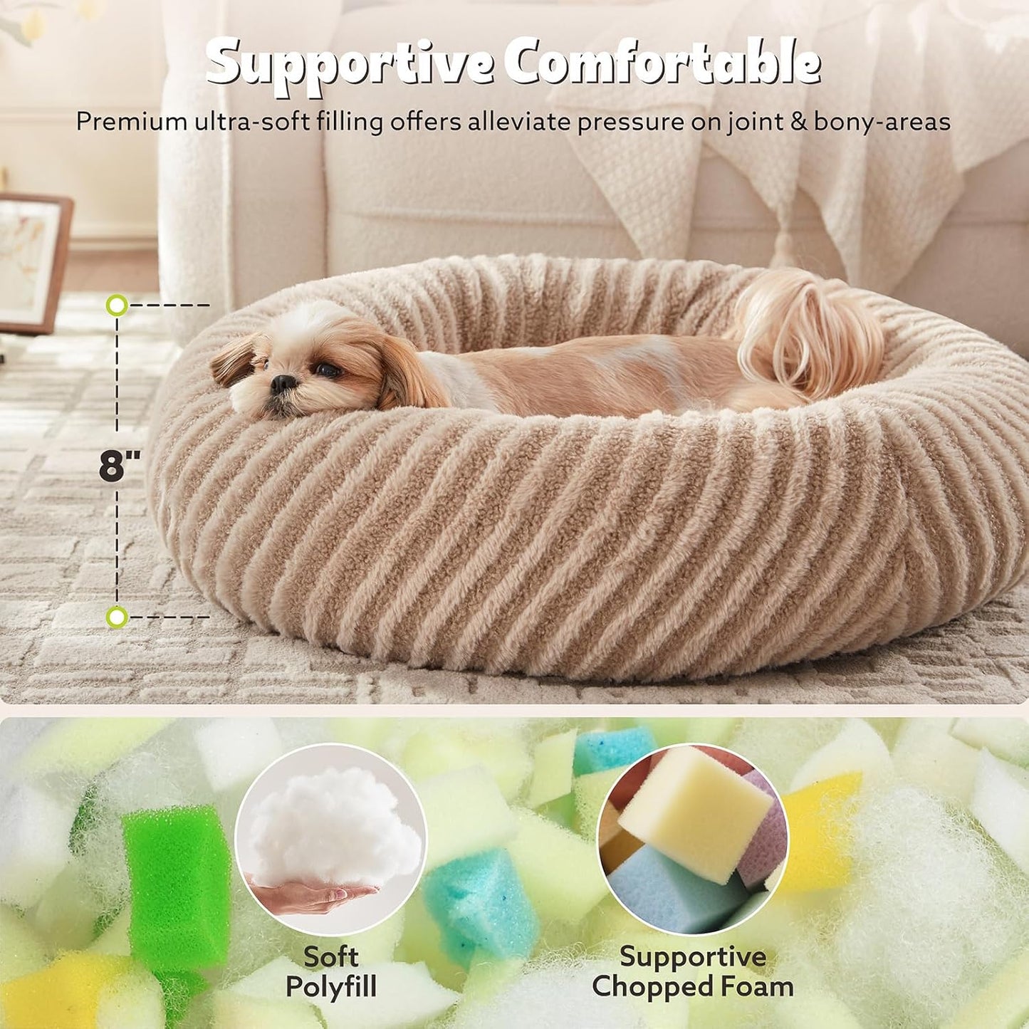 MIXJOY Dog Beds for Small Dogs, Washable Dog Bed with Removable Cover, Small Cat Bed for Indoor Cats, Calming Soft Dount Pet Beds with Anti Slip Bottom, Cute Puppy Beds, 23"x23"x8", Beige
