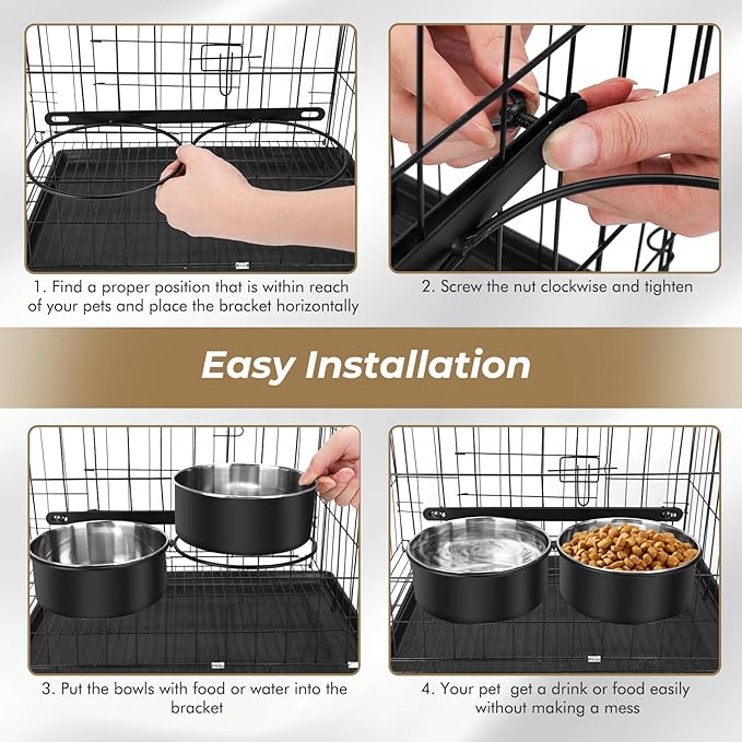 Yummy Sam Hanging Pet Dog Food Water Bowl for Cage, Stainless Steel Non-Spill Kennel Hanging Cats Pets Bowls with Clamp Holder Crate Feeder Dish for Medium Large Dogs Pets (Black)