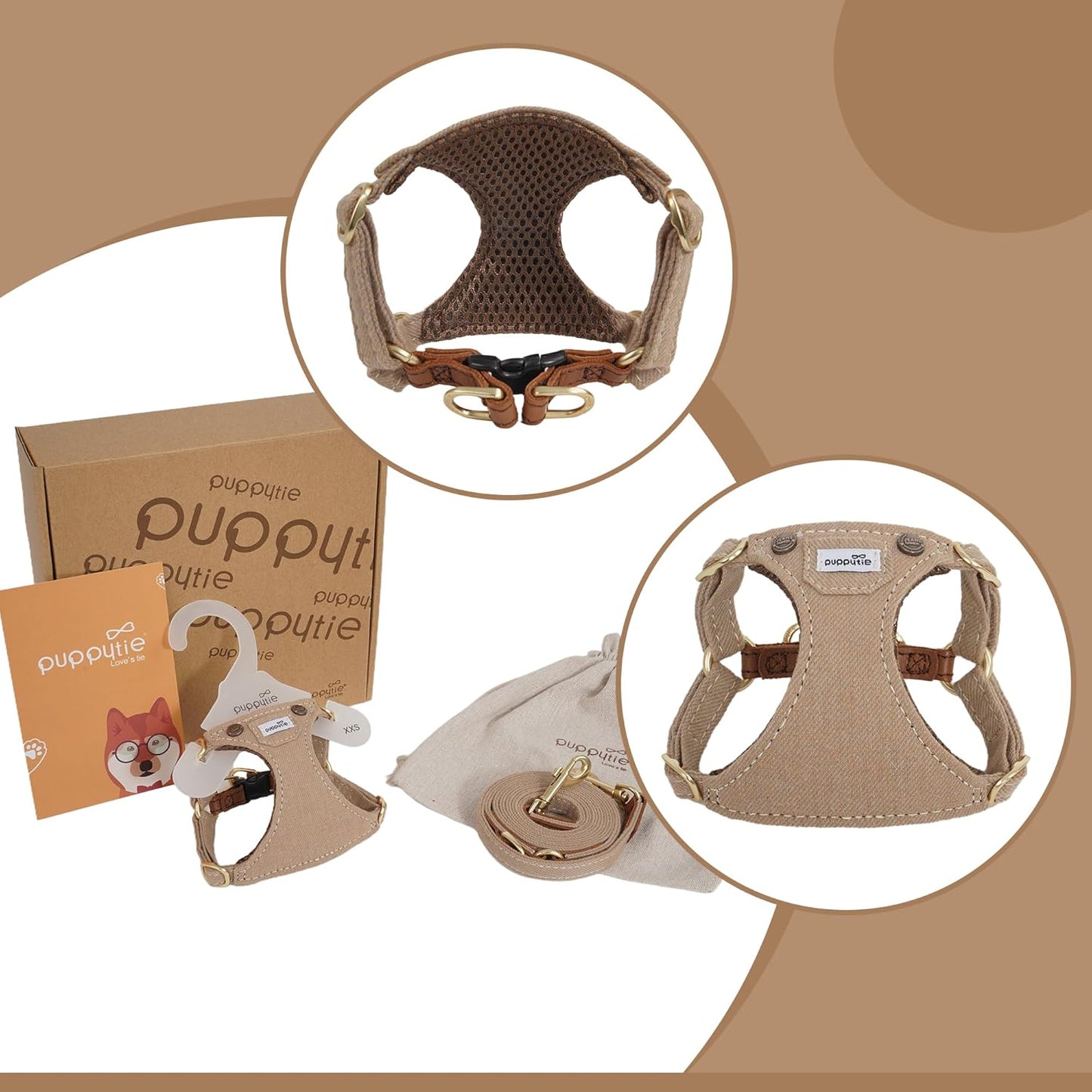 Puppytie No Pull xs Dog Harness with Multifunction Dog Leash,Soft Adjustable No Choke Escape Proof Pet Harness Vest,Denim Mocha Brown,XS