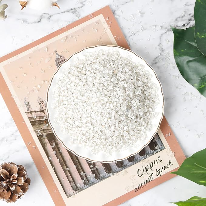 T4U Tumbled Chips Stones Crushed Crystal Quartz 1 LB, Irregular Shaped Gravels Pebbles Healing Stones, DIY Smoothed Rocks for Potted Plant,Resin Art,Vase Fillers Aquarium Gravel Rocks (Clear)