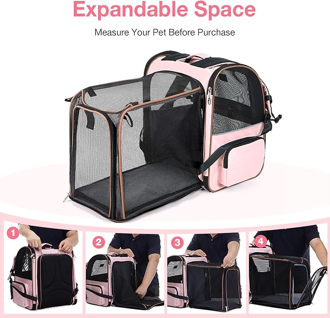 Lekebobor Large Cat Backpack Carrier Expandable Foldable Pet Carrier Backpack for Small Dogs Puppy Medium Cats Fit Up to 18 Lbs for Travel, Hiking,Pink XL Size
