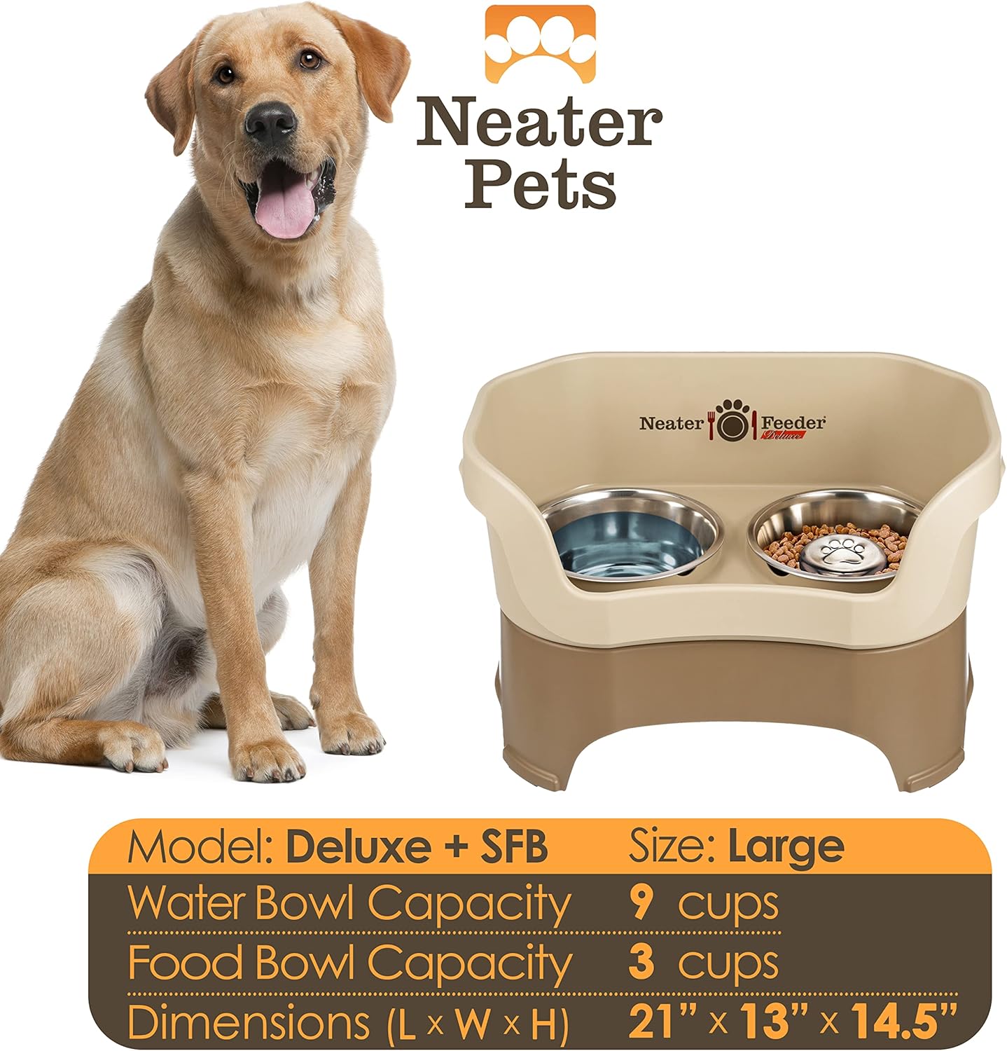 Neater Feeder Deluxe Mess Proof Dog Bowls Elevated for Large Breeds – Made in USA – No Spill Raised Slow Feeder Elevated Dog Bowl Stand, Stainless Steel Food and Water Bowl Set, Cappuccino