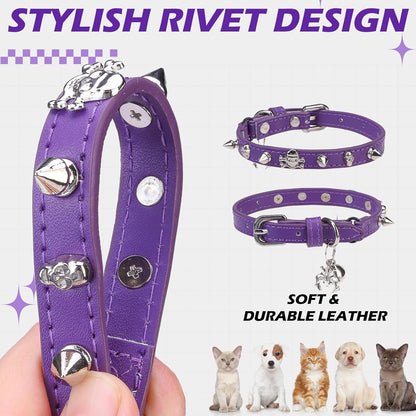 EXPAWLORER Leather Cat Collar for Girl Boy- Adjustable Pet Collar with Safety Elastic Belt,Personalized Punk Accessories Buckle Collars with Bell & Durable D-Ring,Rivet(Purple)
