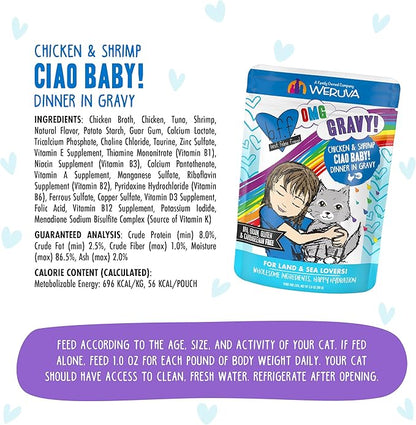 Weruva B.F.F. OMG - Best Feline Friend Oh My Gravy!, Ciao Baby! with Chicken & Shrimp in Gravy Cat Food, 2.8oz Pouch (Pack of 12)