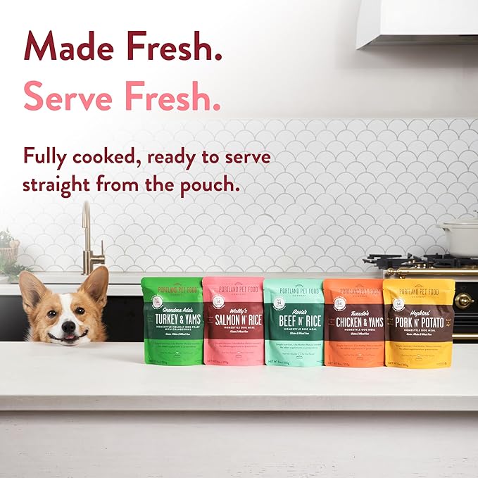Portland Pet Food Company Wally's Salmon N' Rice Fresh Dog Food Pouches - Human-Grade, Gluten-Free Wet Pet Meal Topper & Mixers - Small & Large Breed Puppy & Senior Dogs - Made in The USA - 5 Pack