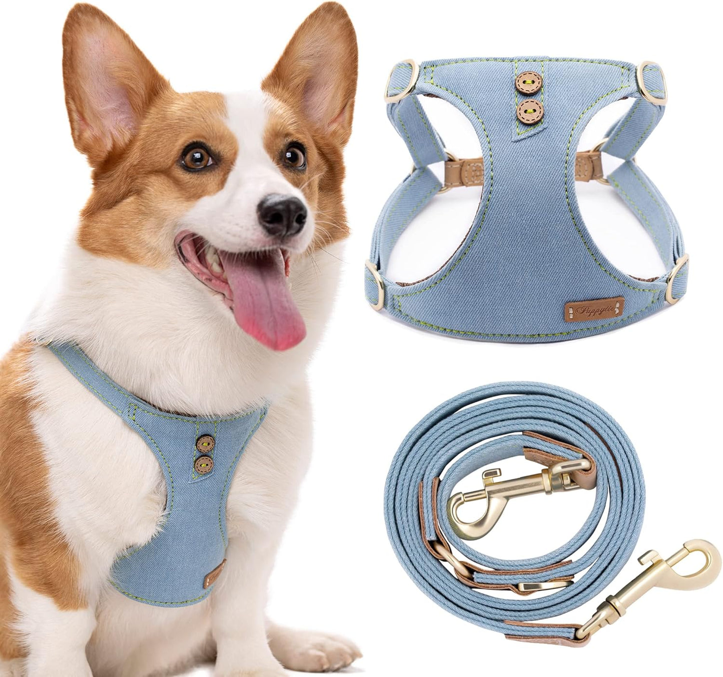 Dog Harness, No Pull Dogs Harness and Multi-Function Leash Set for Medium Dogs Easy Walk Everyday Adjustable Soft Dog Vest Harness Fashionable Dog Accessories Glacier Blue Button-M(16lb-35lb)