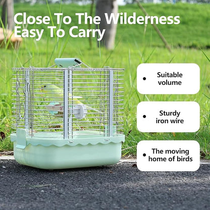 Bird Carrier Travel Cage, Durable Portable Stainless Steel Birdcage with Bird Perch & Feeding Bowl for Parrots Canaries Budgies Lovebirds Conures Cockatiels (Small Light Green)
