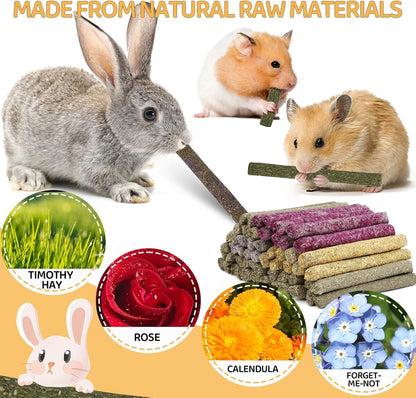 VESPRO 208Pcs Rabbit Chew Sticks, Guinea Pig Toys, Natural Timothy Grass Molar Teeth Stick, Mixing Flowers, Roses, Calendula and Forget Me Not, Small Animals Treats