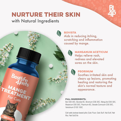 Mange Support for Cats, Natural Cat Itchy Skin, Paws and Ears Relief - Soothes Welts, Scabs, Red and Flaky Skin Reducing Excessive Grooming and Patchy Fur for a Healthy Coat (400 Tiny Tasteless Pills)