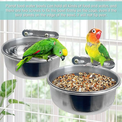 PINVNBY 2 PCS Stainless Steel Bird Bowl Parrot Food Water Bowls with Clamp Holder Bird Feeder Dish Cups Crate Bowls for Cockatiel Pigeons Conure Budgies African Greys (Double Screws Size: S)