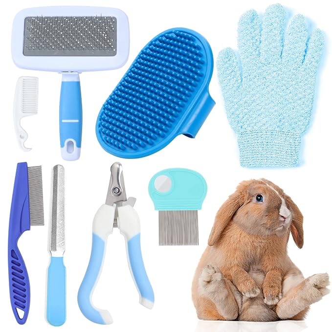 VCZONE Small Animal Grooming Set: Pet Nail Clipper & File, Flea Comb, Shampoo Brush, Shedding Slicker Brush, Massage Glove, Cleaning Comb (Blue)