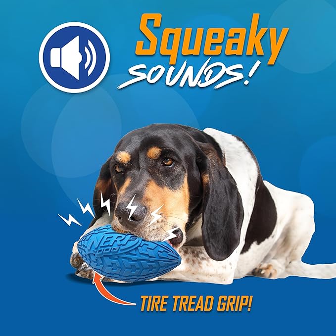 Nerf Dog Tire Squeak Football Outdoor Dog Toy, 6 Inch Dog Football Squeaking Toy for Medium and Large Breeds, Blue