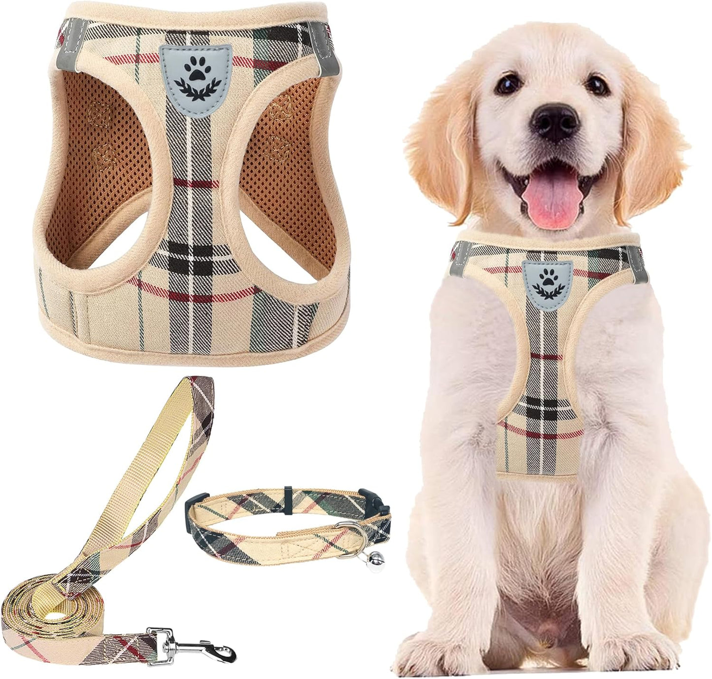 PUPTECK Adjustable Dog Harness Collar and Leash Set Step in No Pull Pet Harness for Small Medium Dogs Puppy and Cats Outdoor Walking Running, Soft Mesh Padded Reflective Vest Harnesses, Beige XL