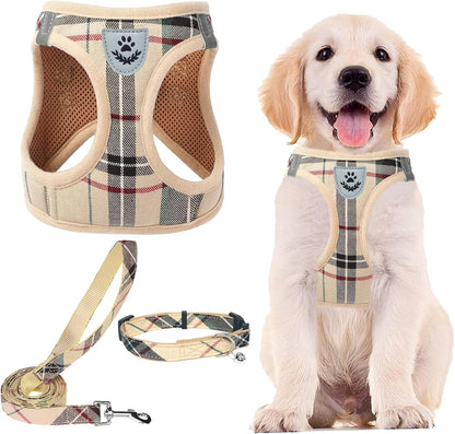 PUPTECK Adjustable Dog Harness Collar and Leash Set Step in No Pull Pet Harness for Small Medium Dogs Puppy and Cats Outdoor Walking Running, Soft Mesh Padded Reflective Vest Harnesses, Beige XXS