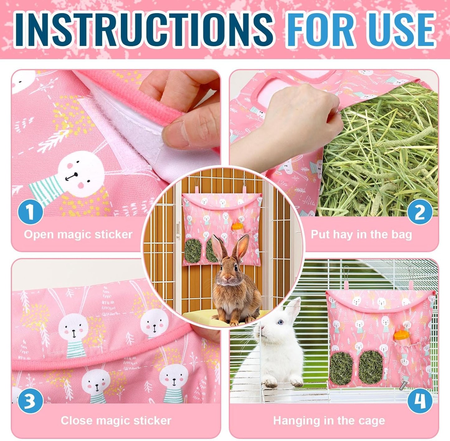 UPINS 2 Pack Hay Bag for Rabbits 2-Hole Hanging Hay Feeder Guinea Pig Hay Bags, Hay Feeder for Rabbits Chinchillas Hamsters Small Pets and Animals