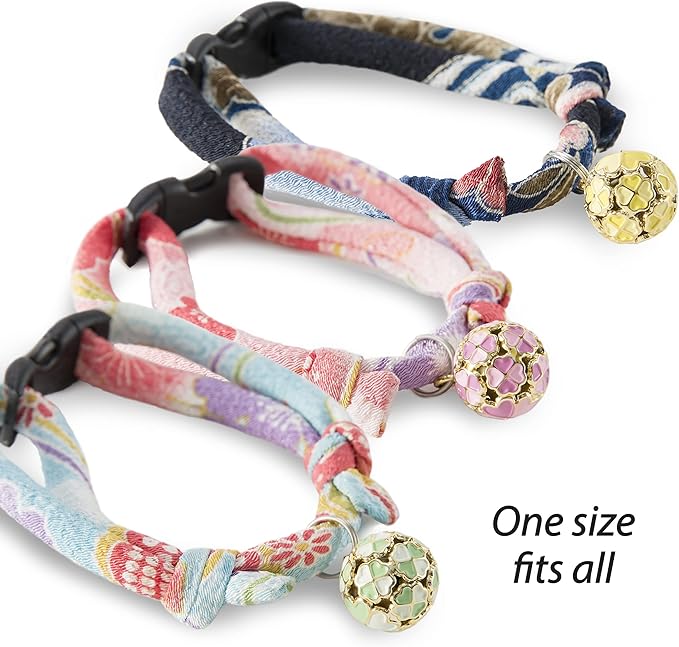 Necoichi Chirimen Cat Collar with Clover Bell (Baby Blue) with Bell Safety Breakaway Soft Lightweight for Cats Kitty Kitten Japanese Stylish Pattern, No.1 Seller in Japan