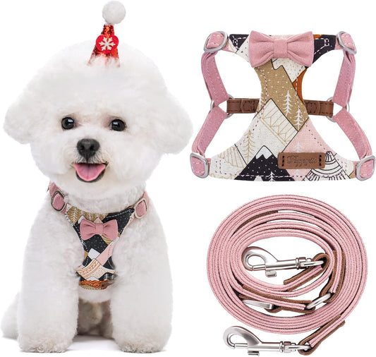 Puppytie No Pull Small Dog Harness with Multifunction Dog Leash,Lightweight Soft Adjustable No Choke Escape Proof Pet Harness Vest Pet Harness Vest,Suede Bow Pink,S