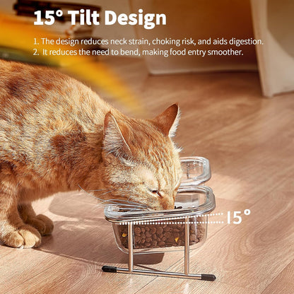 Elevated Cat Bowls, 15° Tilted Glass Raised Cat Food Bowl with Stainless Steel Stand, 2 Large Capacity Glass Cat Bowls and 4 Anti Slip Feet, Suitable for Cats and Little Dogs
