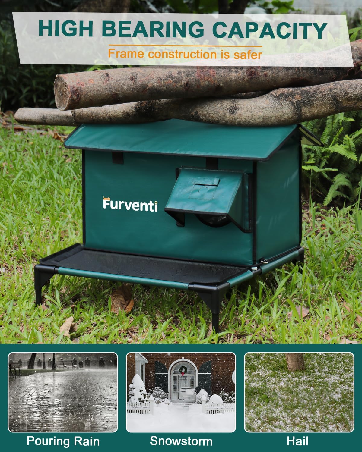 Heated Cat House for Outside,More Platform Space,Extremely Weatherproof & Insulated in Winter,Elevated Outdoor Cat Shelter with Eaves & Escape Door for Barn Feral Stray Cat(Dark Green,Large)