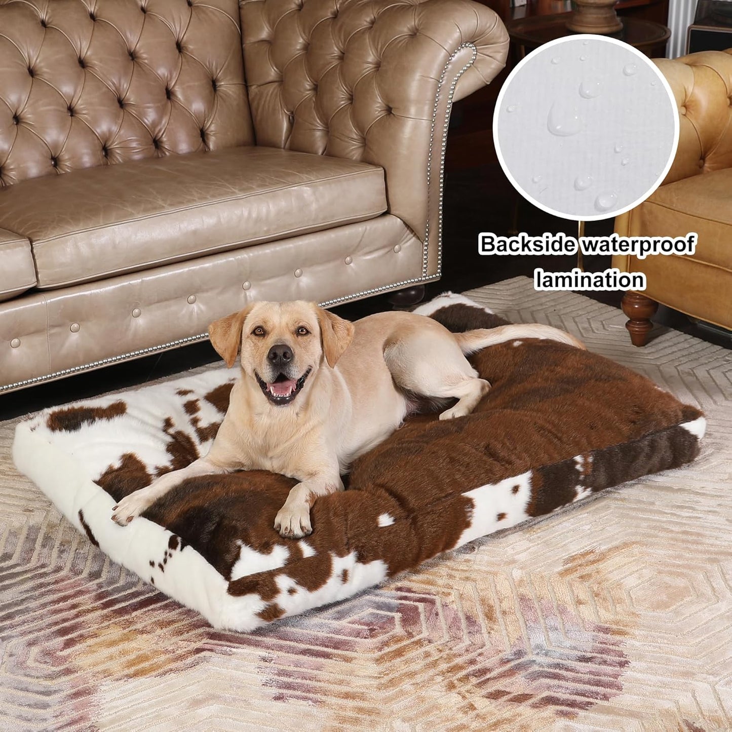 Bedfolks Plush Waterproof Dog Crate Bed, Faux Fur Kennel Pad for Extra Large Dogs, Removable Washable Cover, 41"x27", Cow Print