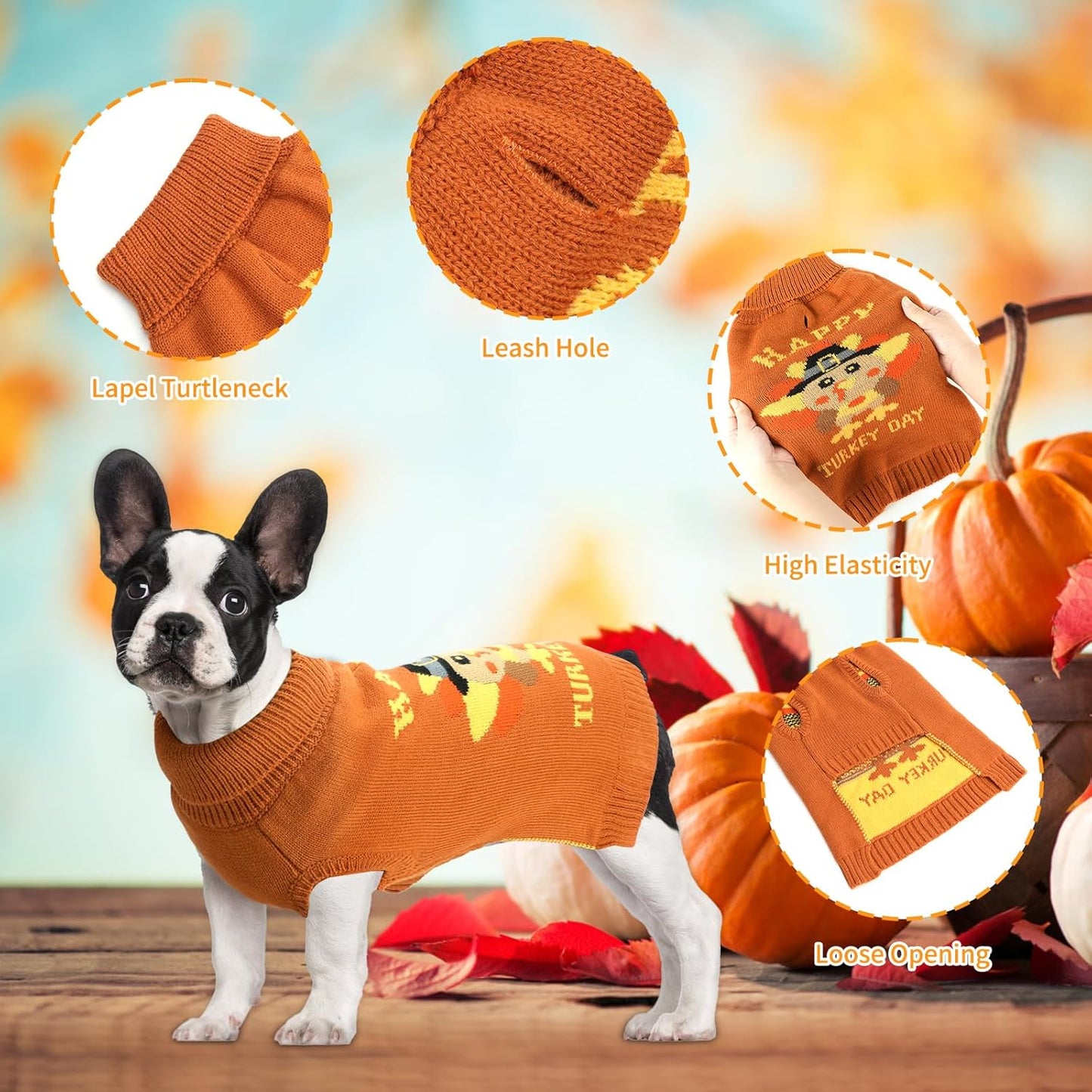 Thanksgiving Dog Turkey Sweaters Pullover Knitwear,Thick Warm Pet Knitted Clothes, Fall Turtleneck Dog Sweaters for Medium Large Dogs Girl Boy Pet Outfits Sweatshirt for Cold Weather M