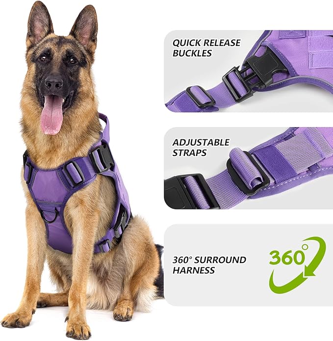 WINGOIN Purple Tactical Dog Harness for Large Dogs, Heavy Duty No Pull Dog Harness with Handle, Adjustable Reflective Military K9 Big Pet Vest for Husky, Doberman, Walking, Training, Hunting (XL)