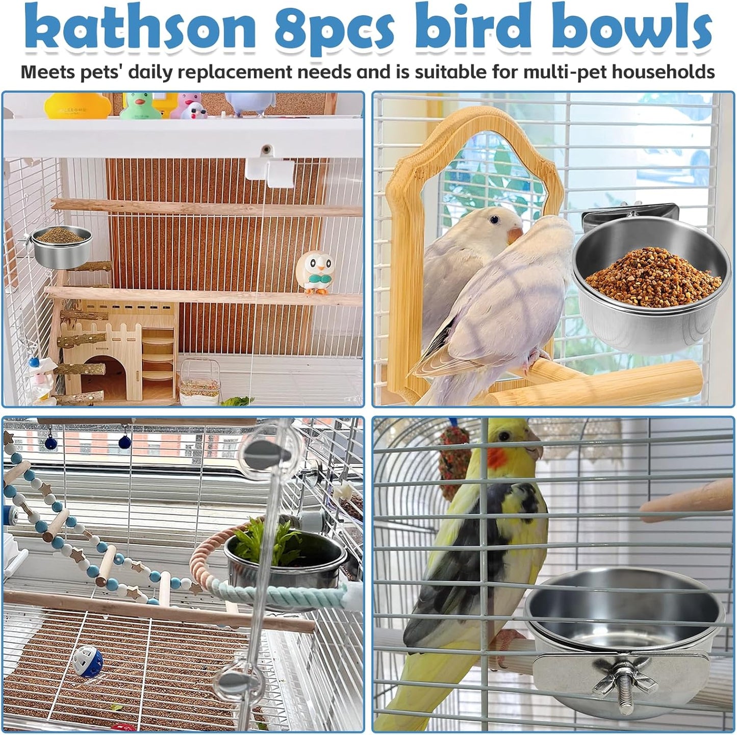 kathson 8 Pack Bird Feeding Dish Cups, Stainless Steel Parrot Feeders Water Cage Bowls with Clamp Holder Bird Feeders for Parakeet Cockatiels Conure Budgies Lovebird Finch and Small Animals