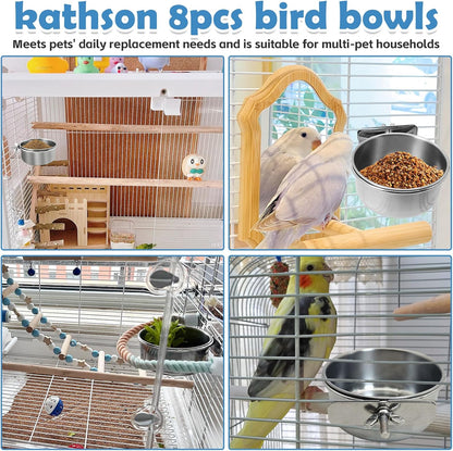 kathson 8 Pack Bird Feeding Dish Cups, Stainless Steel Parrot Feeders Water Cage Bowls with Clamp Holder Bird Feeders for Parakeet Cockatiels Conure Budgies Lovebird Finch and Small Animals