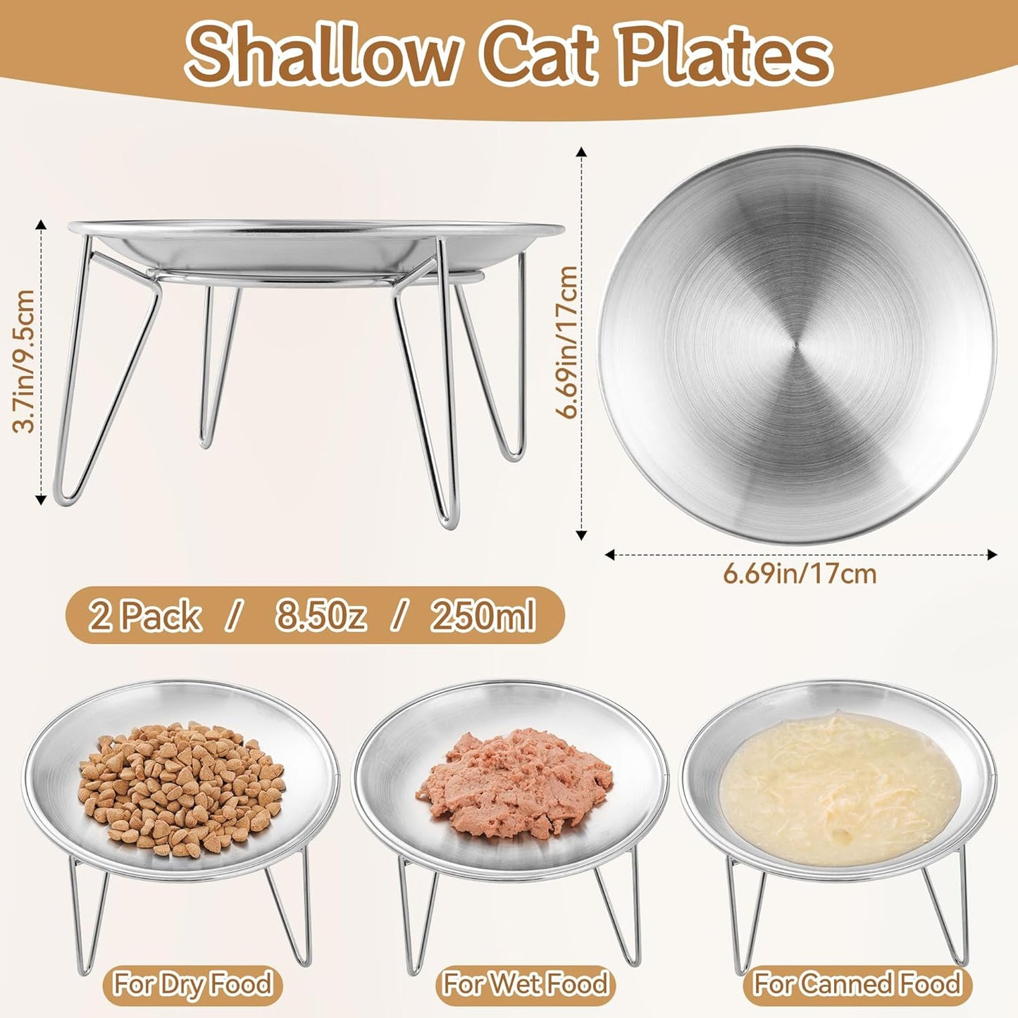 Cat Food Bowls, 2 Pcs Stainless Steel Cats Food and Water Whisker Fatigue Shallow Dishes, Small Dog Puppies Fat Faced Cat Kitten Supplies (2 Plates with Stand)