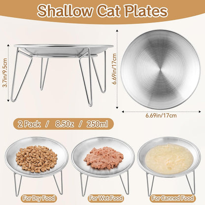 Cat Food Bowls, 2 Pcs Stainless Steel Cats Food and Water Whisker Fatigue Shallow Dishes, Small Dog Puppies Fat Faced Cat Kitten Supplies (2 Plates with Stand)