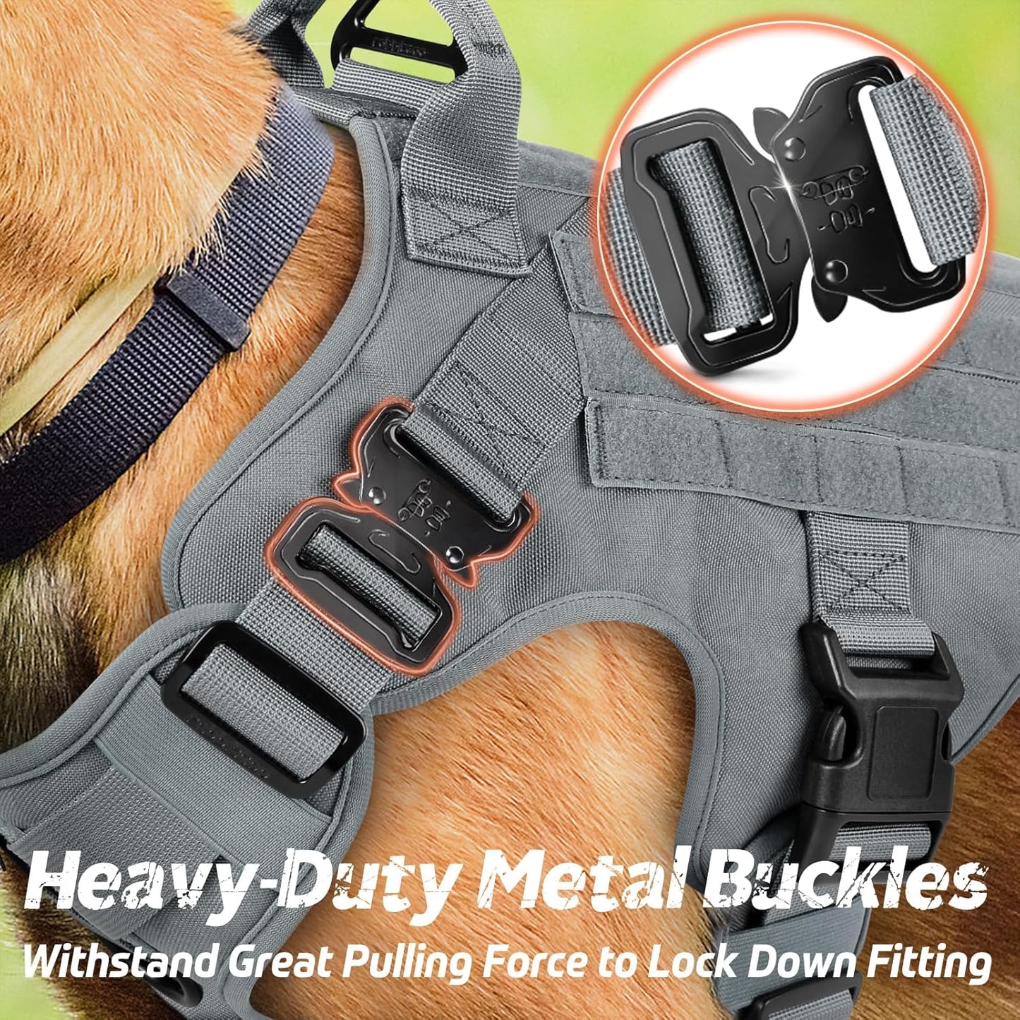 rabbitgoo Tactical Dog Harness for Large, Heavy Duty Pet Harness with Handle, No-Pull Service Vest Large Breed, Adjustable Military Dog Vest for Training Hunting Walking, Grey, L