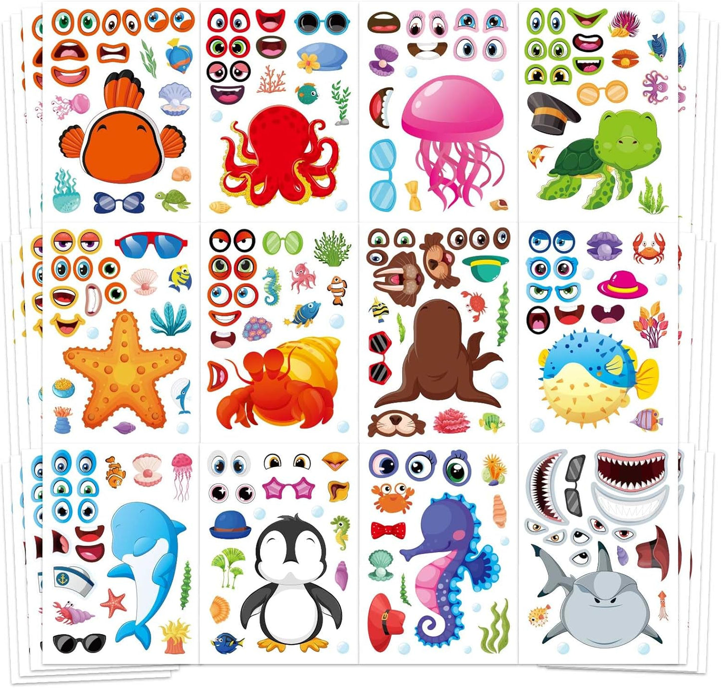 48 Sheets Ocean Stickers for Kids, Make Your Own Sea Animal Mix and Match Sticker Sheets, Make a Face Sticker, Summer Stickers for Kids 3-5 Birthday Party Favor, Teacher Reward