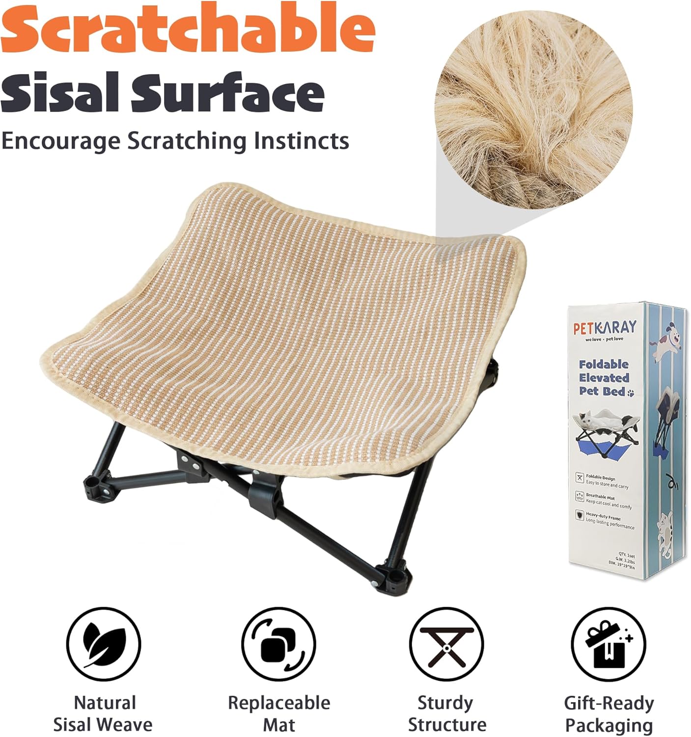 PETKARAY Foldable Sisal Cat Scratcher Bed, Sisal Scratching Pad with Raised Metal Frame, Elevated Cat Hammock Chair for Indoor Cats