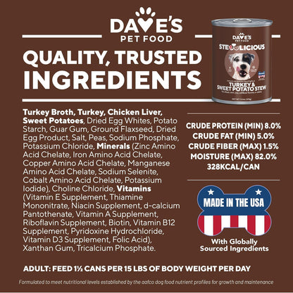 Dave's Pet Food Stewlicoius Grain Free Wet Dog Food (Turkey & Sweet Potato in Gravy), Made in USA Naturally Healthy Canned, Gluten Free Topper, 13.2 oz (12 Pack)