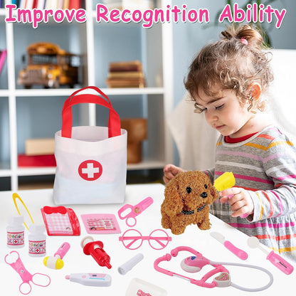 Toy Doctor Kit for Girls - TEUVO Pretend Play Doctor Set with Dog Toy, Carrying Bag, Stethoscope, Dress Up Costume - Toys Doctor Play Birthday Gift for Kids Toddlers 2 3 4 5 6 7 Year Old for Role Play